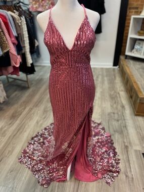Sleeveless Sequin Evening Gown in Deep Rose
